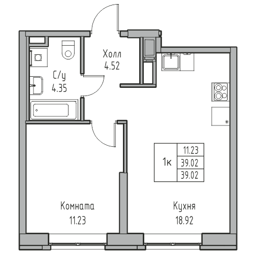 2-к eвро 39.02 м²