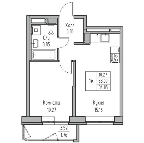 2-к eвро 34.85 м²