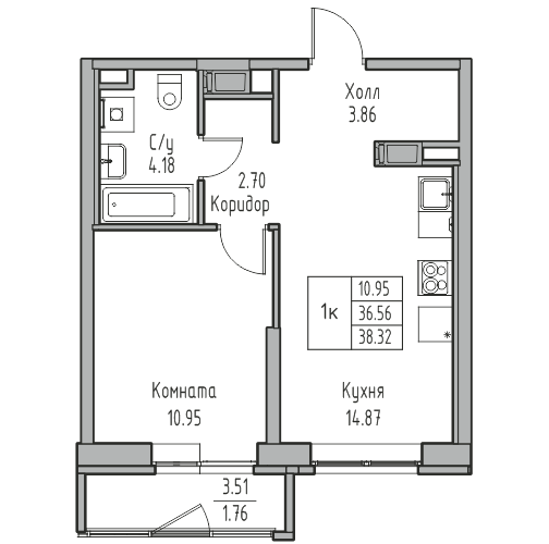 2-к eвро 38.32 м²