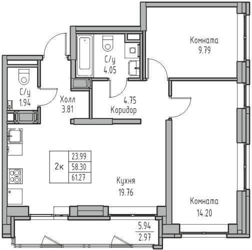 3-к eвро 61.27 м²