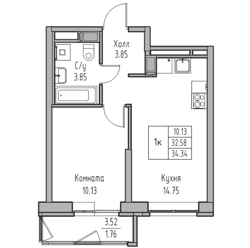 2-к eвро 34.34 м²