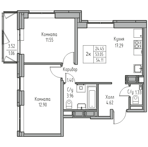 3-к eвро 54.11 м²
