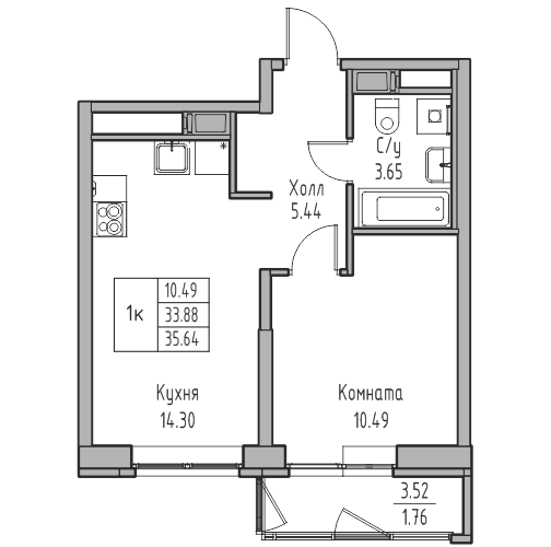 2-к eвро 35.64 м²