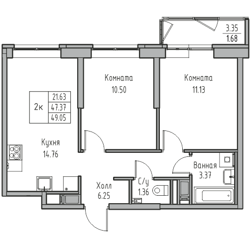 2-комнатная 49.05 м²