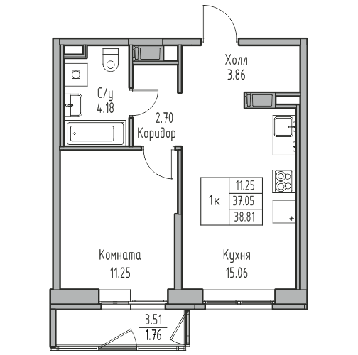 1-комнатная 38.81 м²