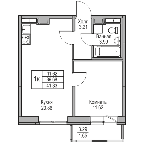 2-к eвро 41.33 м²