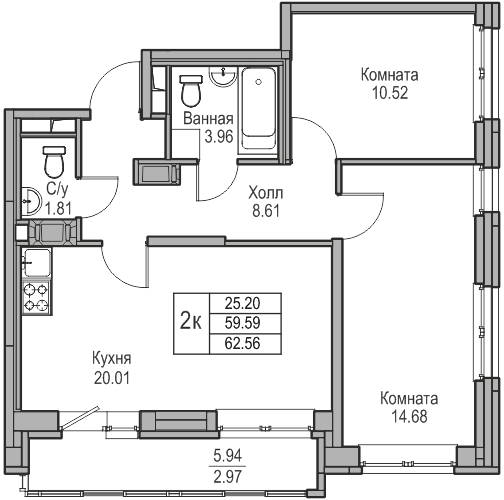 3-к eвро 62.56 м²