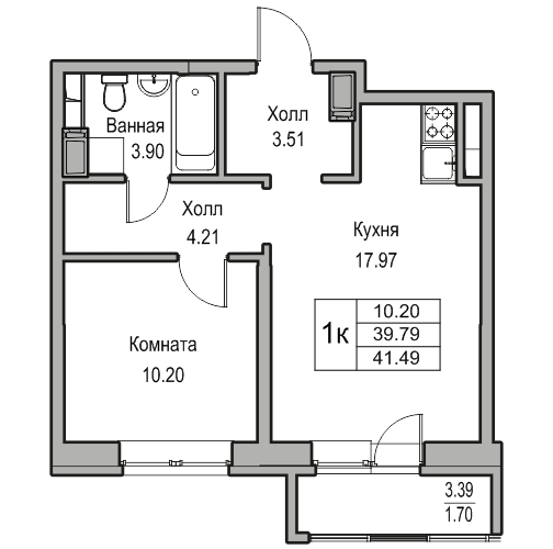 2-к eвро 41.49 м²