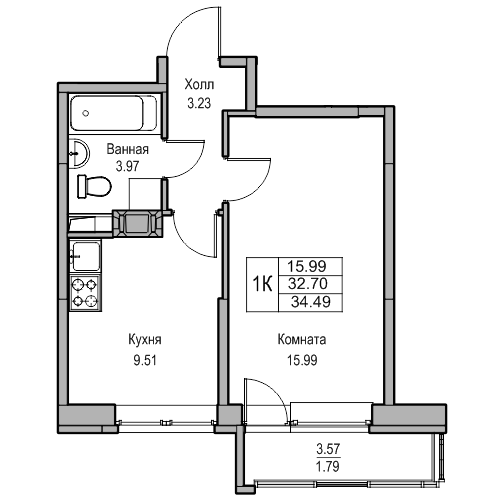 1-комнатная 34.49 м²