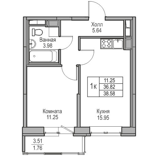 2-к eвро 38.58 м²