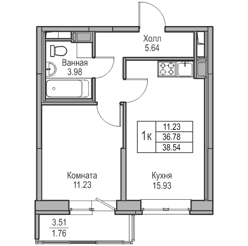 2-к eвро 38.54 м²