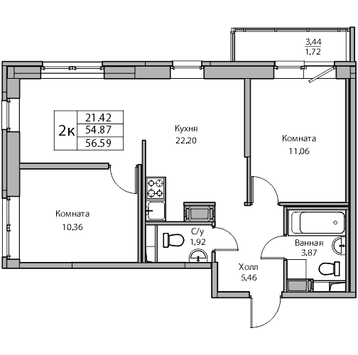 3-к eвро 56.59 м²