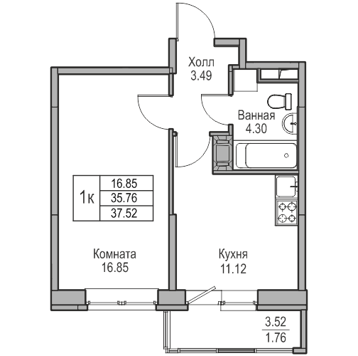 1-комнатная 37.52 м²