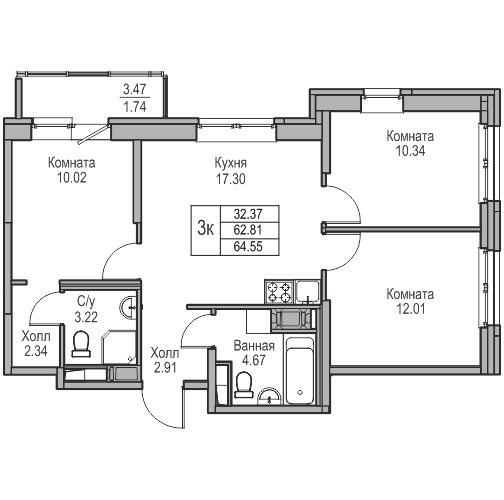 4-к eвро 64.55 м²