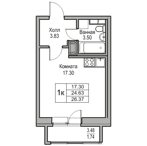 Студия 26.37 м²