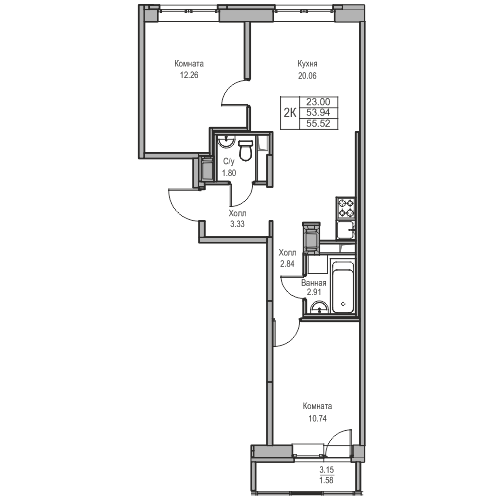 3-к eвро 55.52 м²