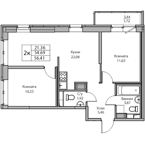 3-к eвро 56.41 м²