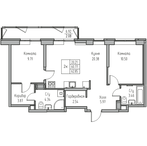 2-комнатная 62.85 м²