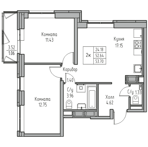 2-комнатная 53.7 м²