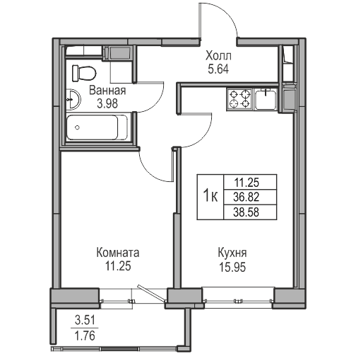 2-к eвро 38.58 м²