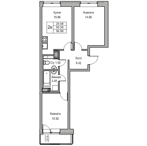 3-к eвро 56.98 м²