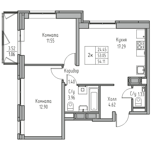 2-комнатная 54.11 м²