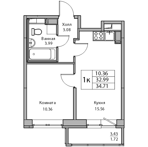 2-к eвро 34.71 м²