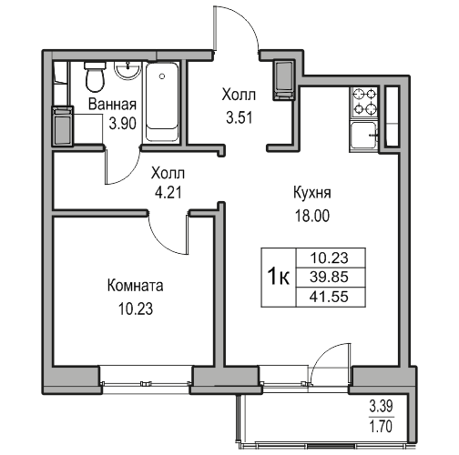 2-к eвро 41.55 м²