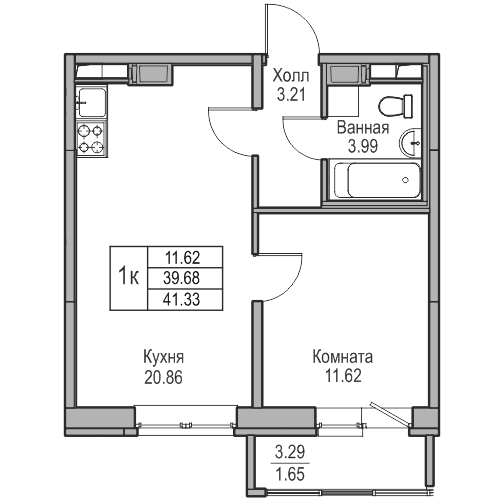 2-к eвро 41.33 м²