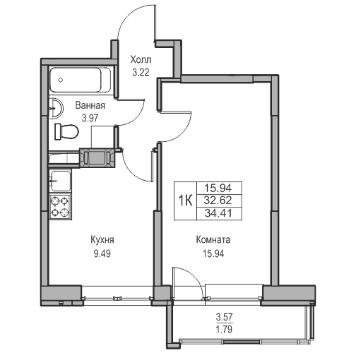 1-комнатная 34.41 м²