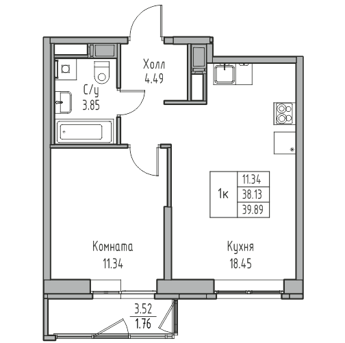 1-комнатная 39.89 м²