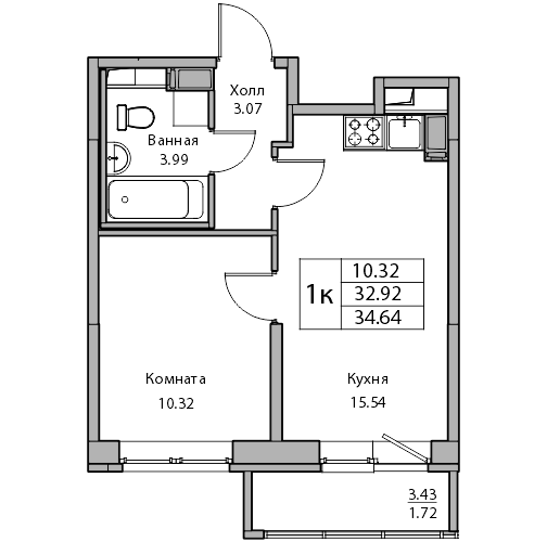 2-к eвро 34.64 м²