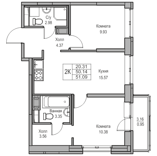 Трехкомнатная евро 51.09 м²