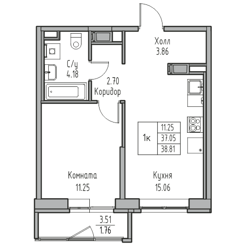 1-комнатная 38.81 м²