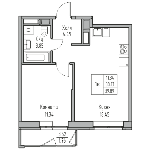 1-комнатная 39.89 м²