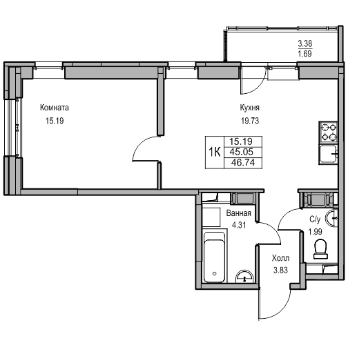 2-к eвро 46.74 м²