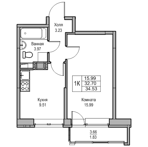 1-комнатная 34.53 м²