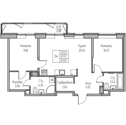 2-комнатная 63.65 м²