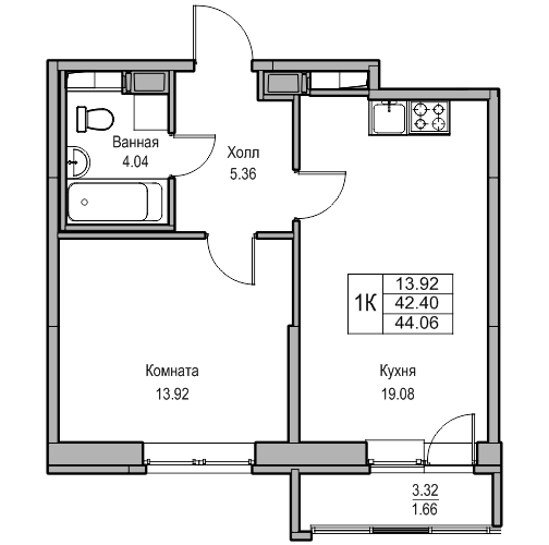 2-к eвро 44.06 м²