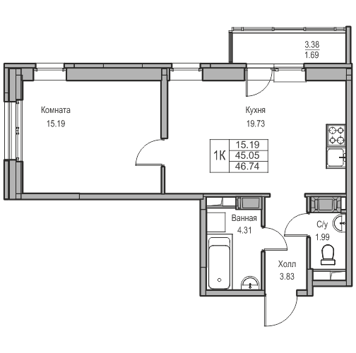 2-к eвро 46.74 м²