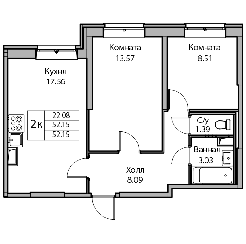 3-к eвро 51.2 м²