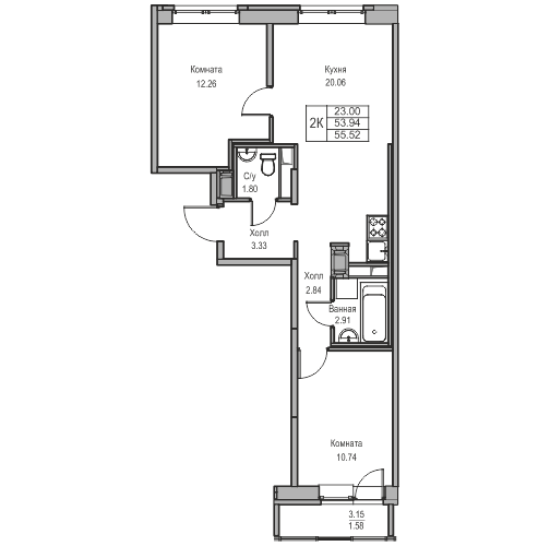 3-к eвро 55.52 м²