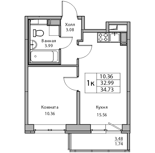 2-к eвро 34.73 м²