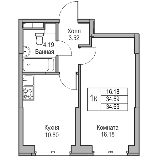 1-комнатная 34.69 м²