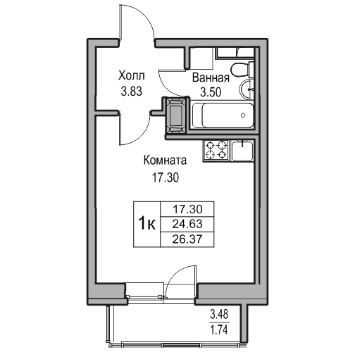 Студия 26.37 м²