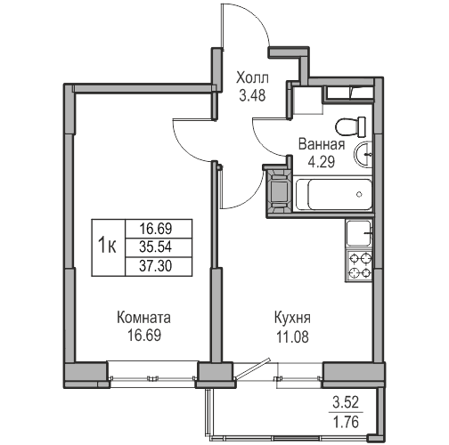 1-комнатная 37.3 м²