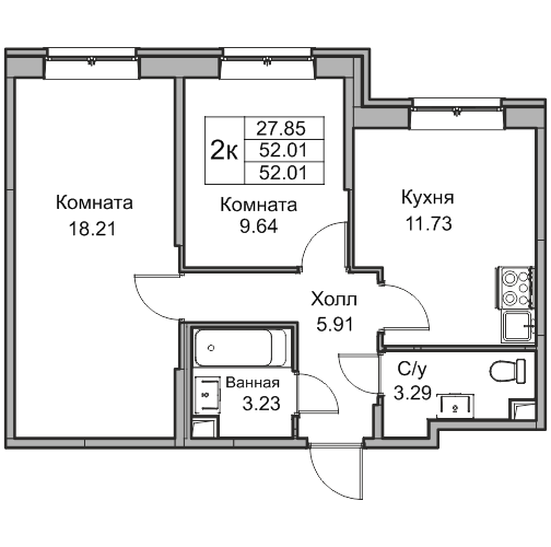 2-комнатная 52 м²