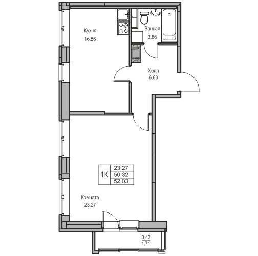 2-к eвро 52.03 м²