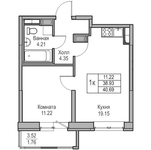 2-к eвро 40.69 м²