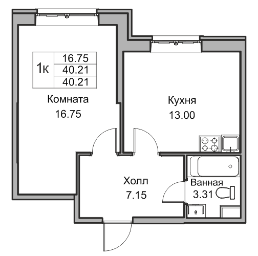 1-комнатная 39.9 м²